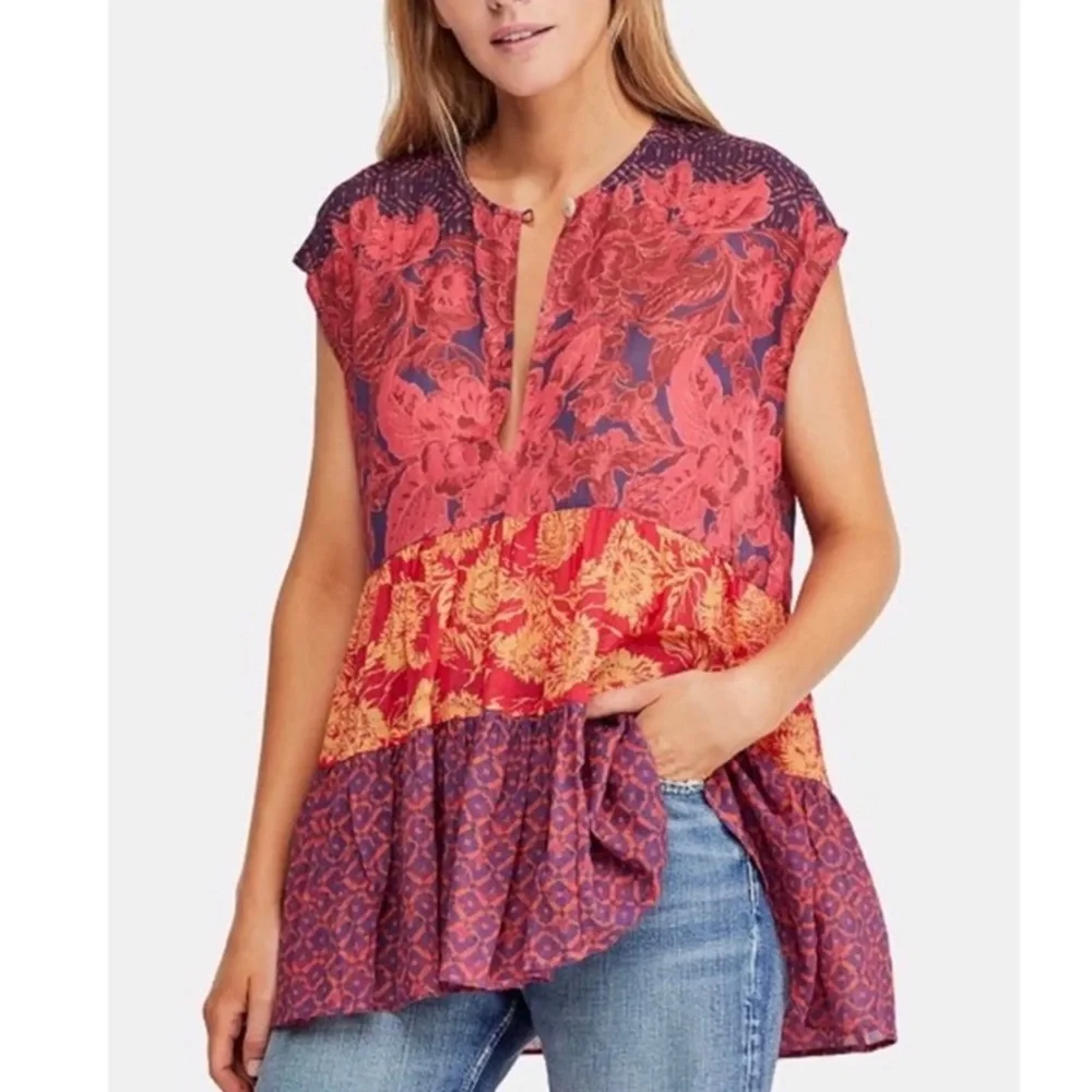 Floral Patchwork Red & Orange Short Sleeve Tunic Top